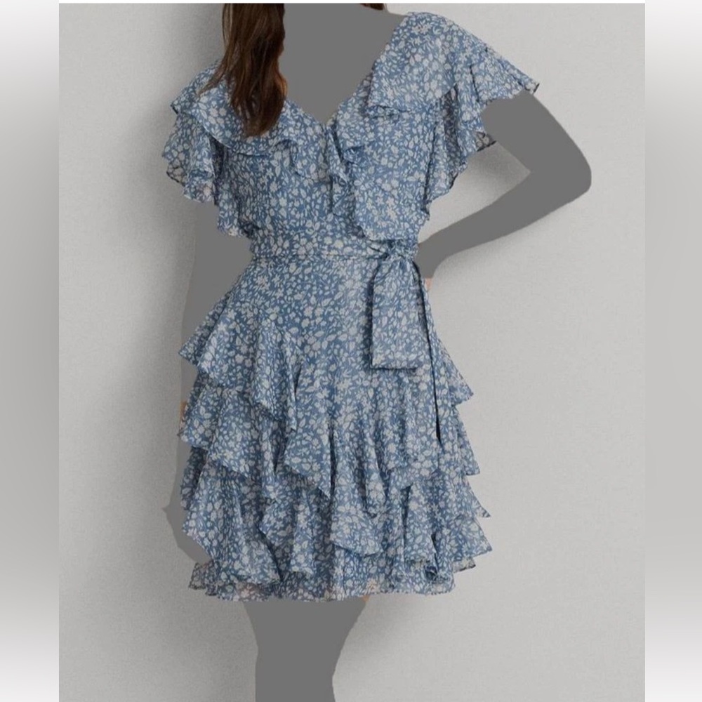 Ralph Lauren Floral Blue Ruffle Tie Waist Mini Dress Size 4 NWT